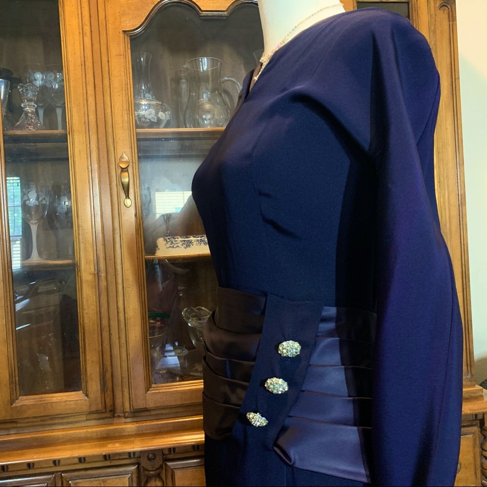 1950s Blue Crape Dress with Satin/rhinestone, Sz M - Picture 3 of 13